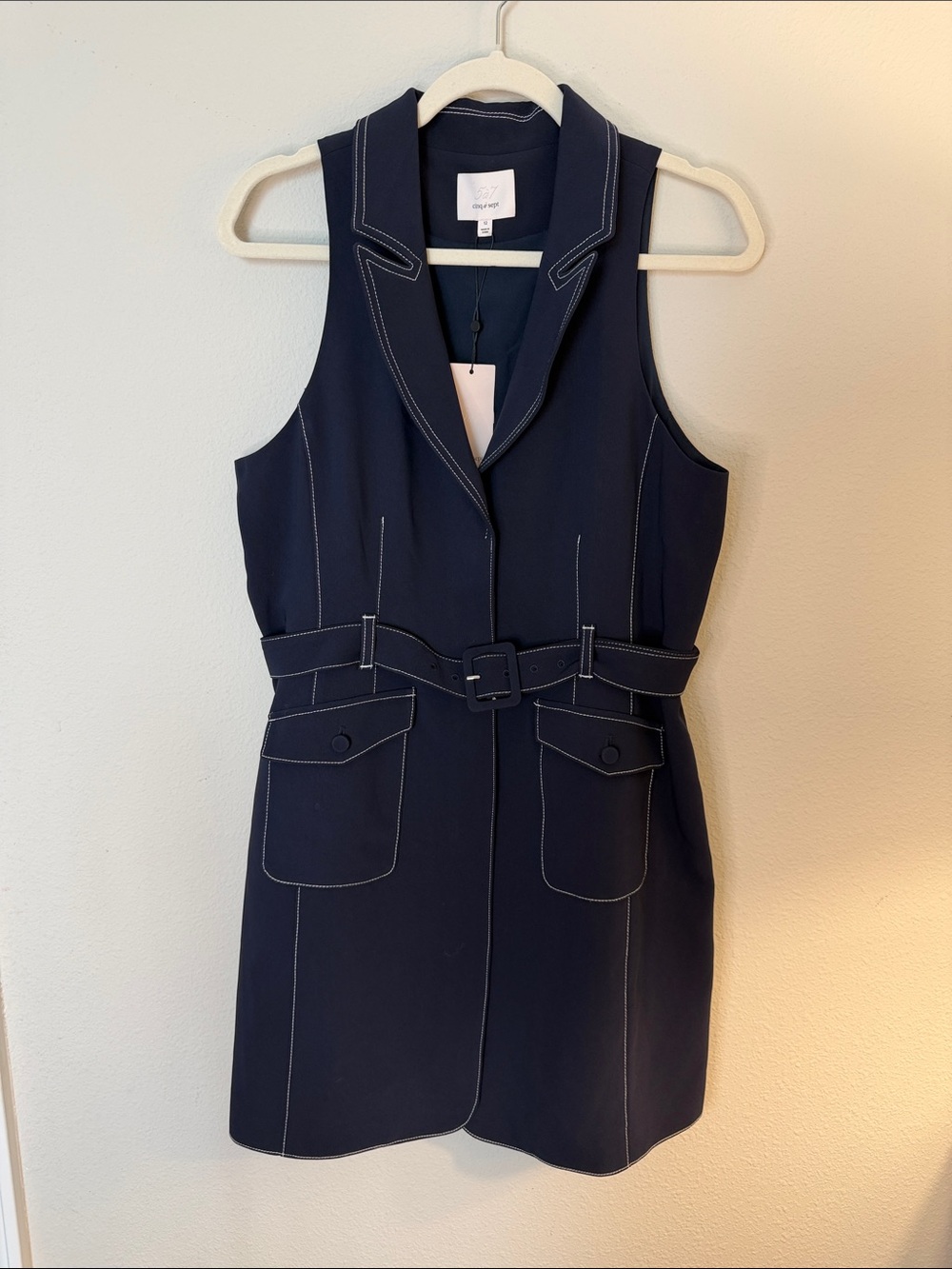 Cinq a Sept Navy Sleeveless Belted Shift Dress with Contrast Stitching